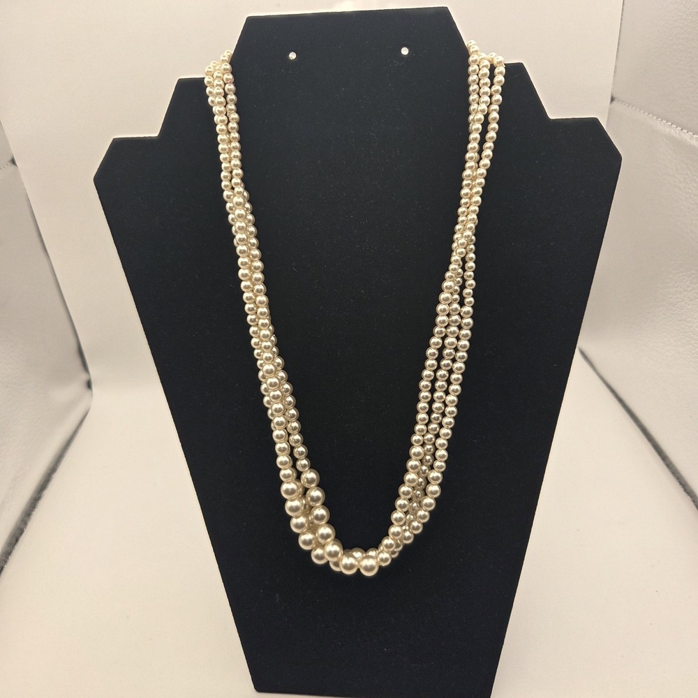 VTG Faux Pearl Multi Strand Necklace Cream Gold Tone